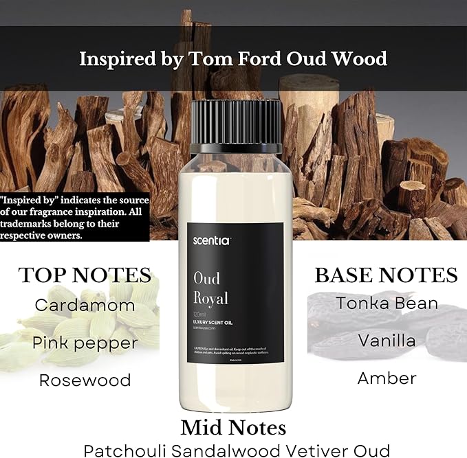 Oud Royal Fragrance Oil Inspired by TF's Oud Wood Perfume, Refill Diffuser Oil, Perfume Dupe, Aromatherapy Essential Oil Fragrance Set for Cold Diffusers, Candle Making | 500ml, 16.9Fl Oz
