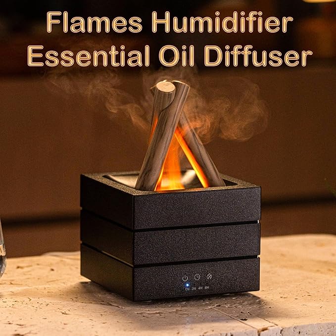 Flames Humidifier Essential Oil Diffuser, Bonfire Essential Oil Scent Diffuser Humidifier, Small USB Desktop Humidifiers with 7 Colors, Campfire Aromatherapy Diffusers for Home & Office (White)