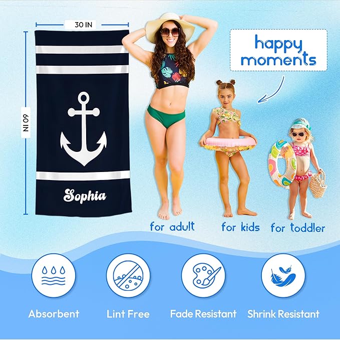 JML Personalized Beach Towel with Name, Custom Anchor Beach Towel, Customized Microfiber Pool Towel, Quick Dry & Absorbent Swim Towel for Adult,Anniversary, Birthday, Summer Holiday,Vacation-FlexoryFit