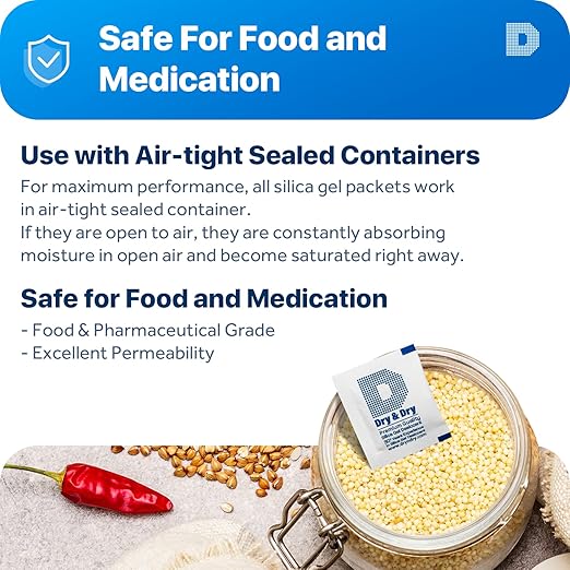 3 Gram Pack of 250 "Dry & Dry" Premium Pure & Safe Silica Gel Packets Desiccant Dehumidifiers - Rechargeable Paper(FDA Compliant)