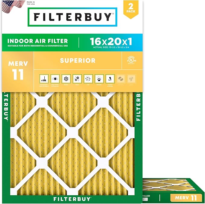 Filterbuy 16x20x1 Air Filter MERV 11 (MPR 1200) Allergen Defense Replacement (2-Pack), Electrostatic Pleated HVAC AC Furnace Filters, Made in USA (Actual Size: 15.50 x 19.50 x 0.75)