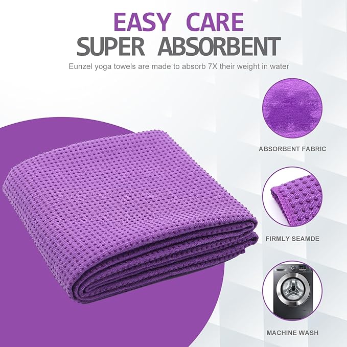 Eunzel Yoga Towel,Hot Yoga Mat Towel with Grip Dots Sweat Absorbent Non-Slip for Hot Yoga, Pilates and Workout 24" x72", Purple-FlexoryFit