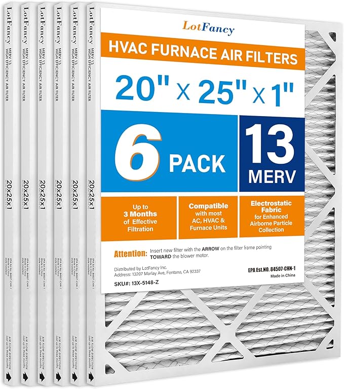 LotFancy 20x25x1 Air Filter MERV 13 Pet Smoke Smog Allergens Defense (6-Pack) Pleated HVAC Furnace Air Filters, Replacement for Home AC & Heating Systems, Actual Size: 19.75" x 24.75" x 0.75"