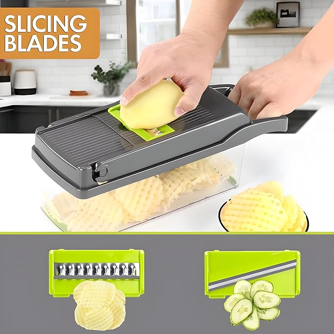 16-in-1 Vegetable Chopper & Slicer | Stainless Steel Mandoline Cutter with Onion Dicer, Grater, Spiralizer, Julienne Blades | Multifunctional & Manual Kitchen Tool I Lightweight & Easy To Use-FlexoryFit