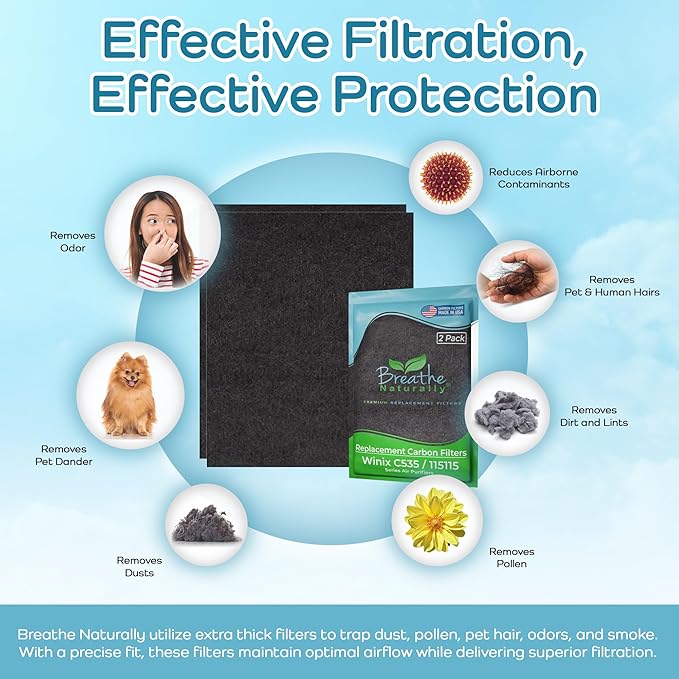 Breathe Naturally Replacement Filters Compatible with Winix C535, Plasmawave 5300, 6300 & Aeramax 300/290 Air Purifiers - Carbon Activated Filter - 12.5” x 16.25” x 0.2” (Pack of 2 Carbon Prefilters)