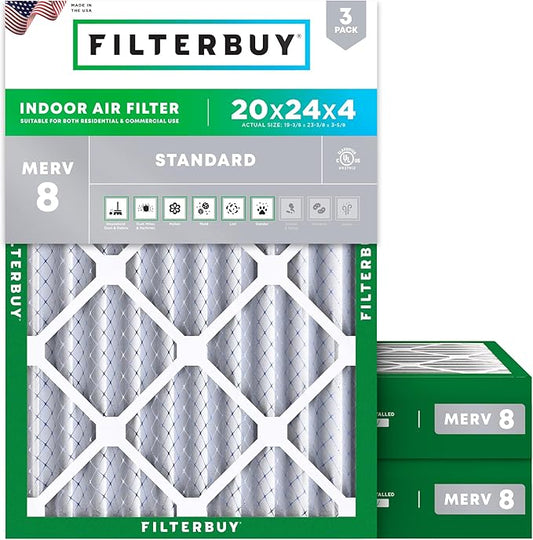 Filterbuy 20x24x4 Air Filter MERV 8 Dust Defense (3-Pack), Pleated HVAC AC Furnace Air Filters Replacement (Actual Size: 19.38 x 23.38 x 3.63 Inches)