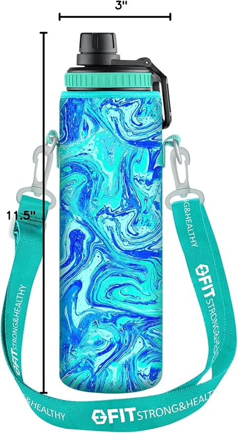 FIT Strong & Healthy 32 oz Glass Water Bottle with Straw Lid, Time Marker, Sleeve & Extra Lid - Motivational, Wide Mouth 1 Liter Glass Drinking Bottle