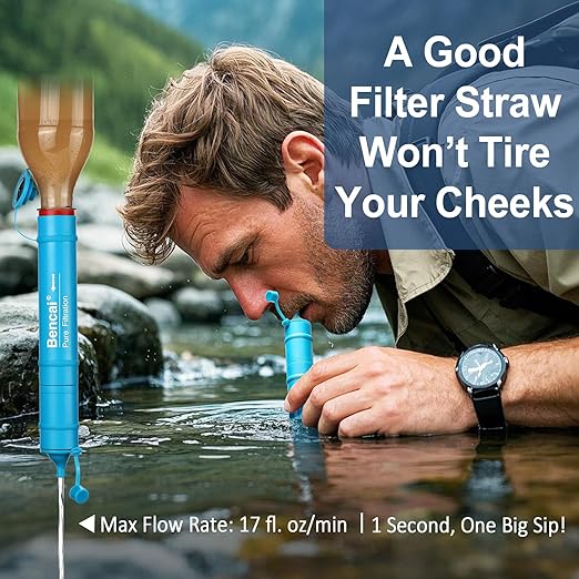 Detachable Straw Water Filter - Backwashable, Portable Water Filter for Camping, Hiking, Survival & Emergencies, Built-in Compass, 2-Pack