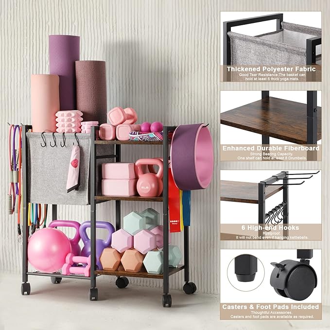 Yoga Mat Storage Rack Home Gym Equipment Organizer Holder for Foam Roller Dumbbells Kettlebells Resistance Bands and More Accessories Women Men Workout Organization with Hooks Wheels (Black)-FlexoryFit