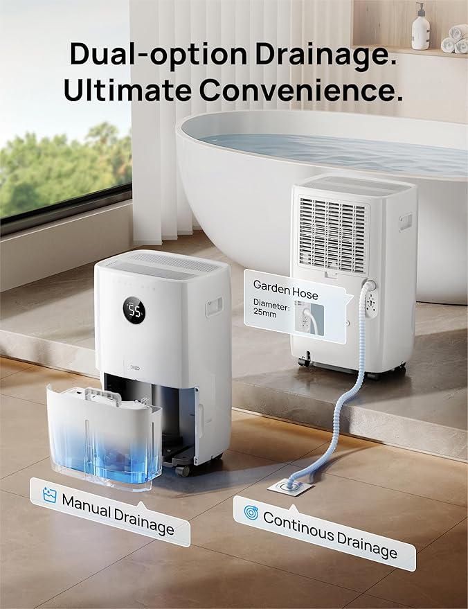 Dreo 110-Pint Smart Dehumidifier for Basement, 4500 Ft² for Large Room, 2 Gallon Water Tank, Auto/Comfort/Constant Mode Dehumidifiers for Home, Bedroom, Bathroom, with Drain Hose, White, 711S