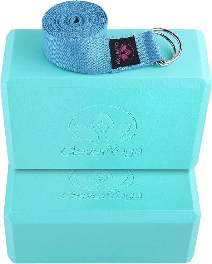 Clever Yoga Blocks 2 Pack with Strap - Extra Light Weight Sweat Repelling Foam Yoga Block Set with Cotton 8ft Yoga Stretch Strap - Yoga Block and Strap Set Kit for Beginner to Pro - Exercise-FlexoryFit