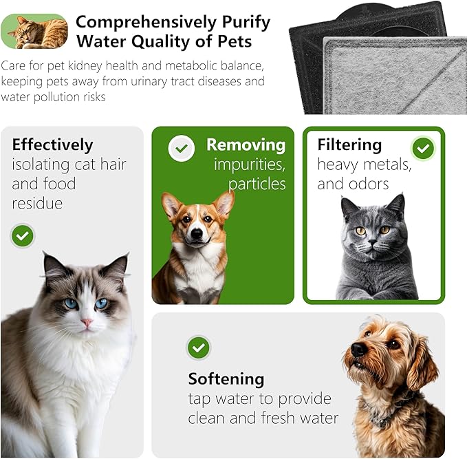 Cat Water Fountain Replacement Charcoal Filter Square Compatible with Petsafe Premier, Ion-X, Outlast Pumpless & Viva Pet Water Fountain, Carbon Filters for Cat and Dog Indoor (BLACK, 12 PACK)