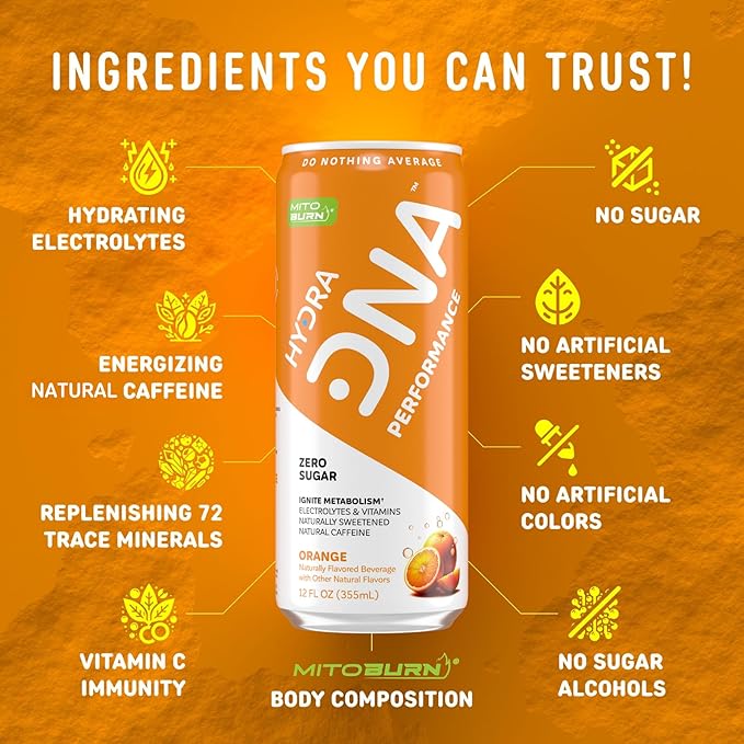 HYDRADNA- Clean Performance Drink, Zero Sugar | For Natural Fuel, Alertness, Boost, Stamina,120 mg Organic Caffeine, Natural Flavors, Zero Sucralose, Clean Ingredients (12 Pack) (12 Pack, Orange)-FlexoryFit