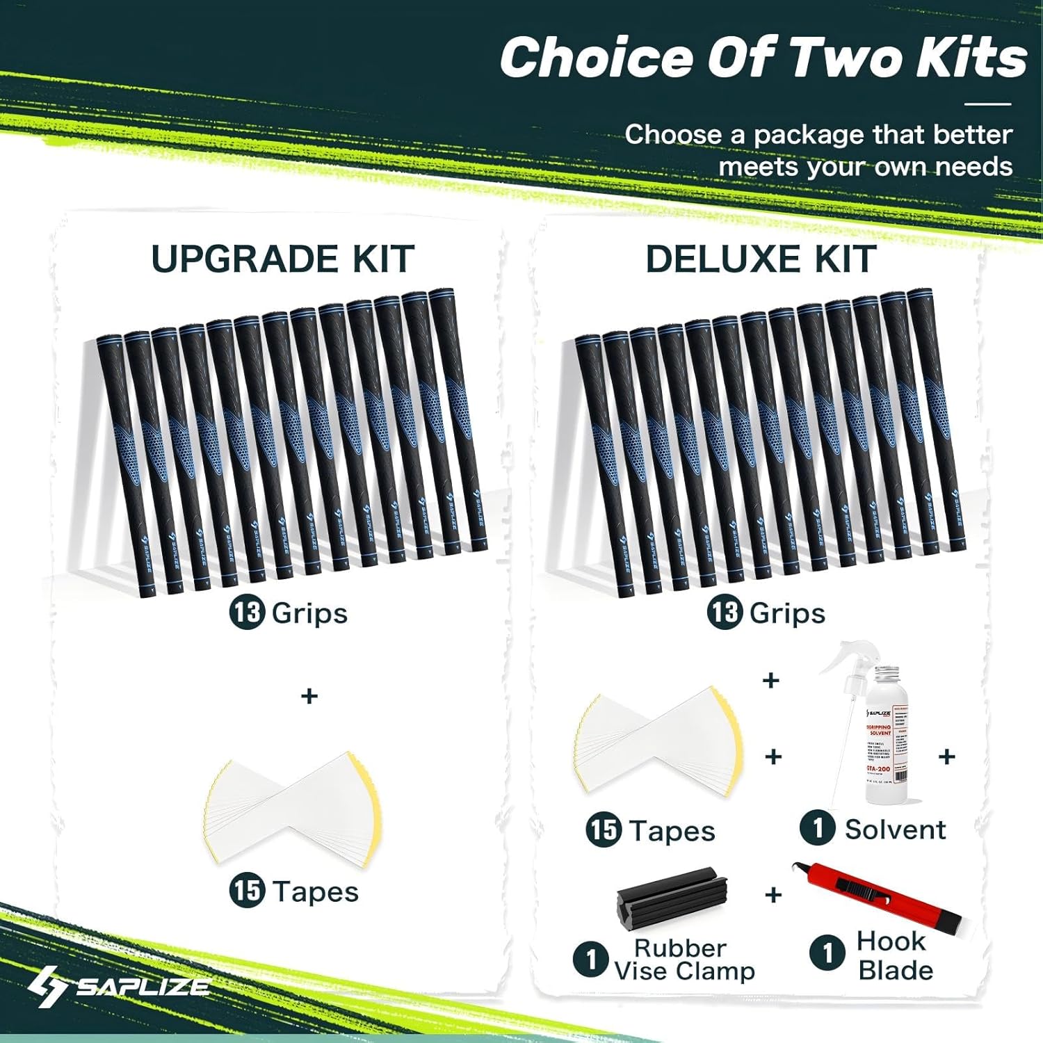 SAPLIZE Golf Grips Set of 13, Bundle with Tape or Full Regripping Kit, Jumbo / Mid / Standard / Undersize, Women / Men Anti-slip Rubber Golf Club Grips, CC01 Series