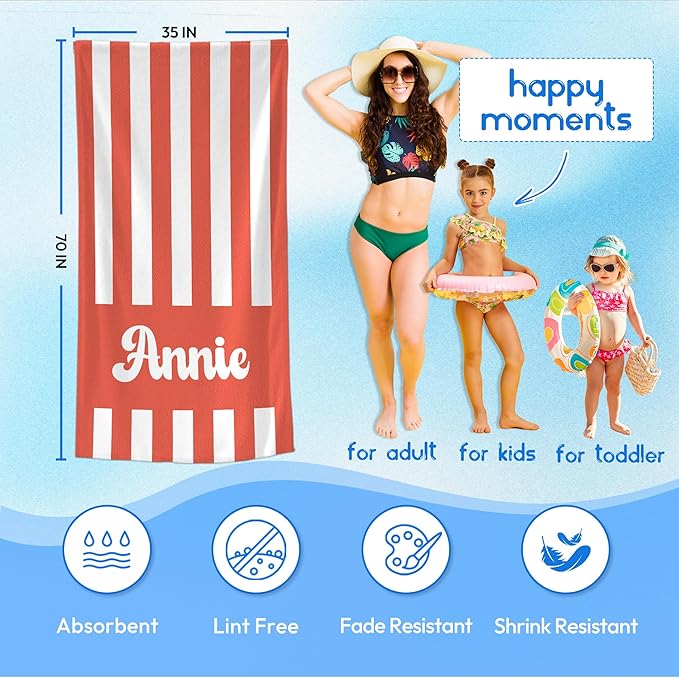 JML Personalized Beach Towel with Name, Custom Cabana Stripe Beach Towel, Customized Microfiber Pool Towel, Quick Dry & Absorbent Swim Towel for Adult,Mother's Day, Birthday, Summer Holiday,Vacation-FlexoryFit