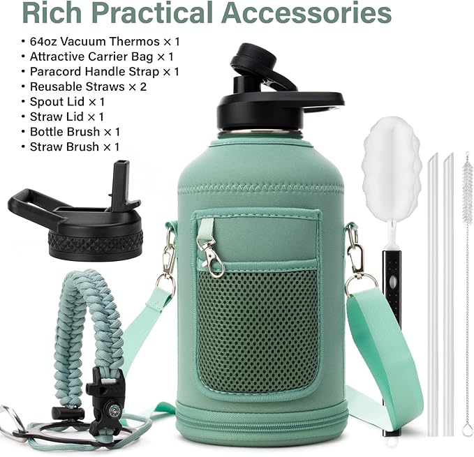 Insulated Water Bottle | Thickened Stainless Steel Vacuum Metal | Portable Sports Half Gallon Large Water Jug for Gym and Hiking with Straw, Carrier Bag, Handle Strap | BPA-Free 64 oz-FlexoryFit