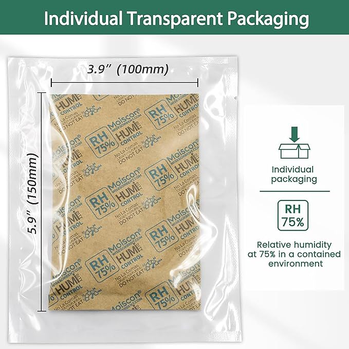 75% Two-Way Humidity Control Packs - 60 Gram - 90 Pack - Moisture Control Packets Individually Wrapped for Storing 1 lb, Humidifier Packs for Storage Containers Hydration Packets