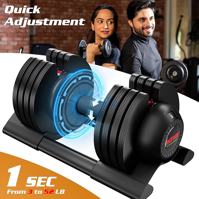 Adjustable Dumbbell,22LBS 44LBS 52LBS Dumbbell Set with Tray for Fitness, Fast Adjust Weight by Turning Anti-Slip Handle, Safety with 8 Lock Slots, Suitable for Men and Women-FlexoryFit