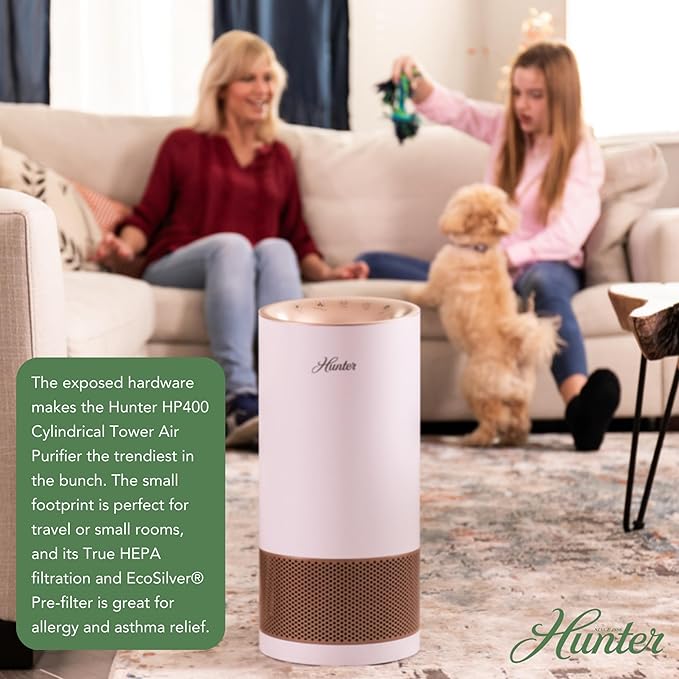 Hunter Fan Company HP400 Round Tower Air Purifier for Small Rooms, Featuring True HEPA Filtration and EcoSilver® Pre-Filter for Allergy and Asthma Relief, Black and Blue