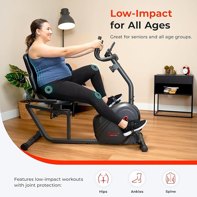 Sunny Health & Fitness Smart Heavy-Duty Recumbent Bike w/Wide Cushioned Seat & Back, Indoor Cycling Machine for Adult/Seniors Home Exercise, Free SunnyFit App Connect, Optional Workout Training Bands-FlexoryFit