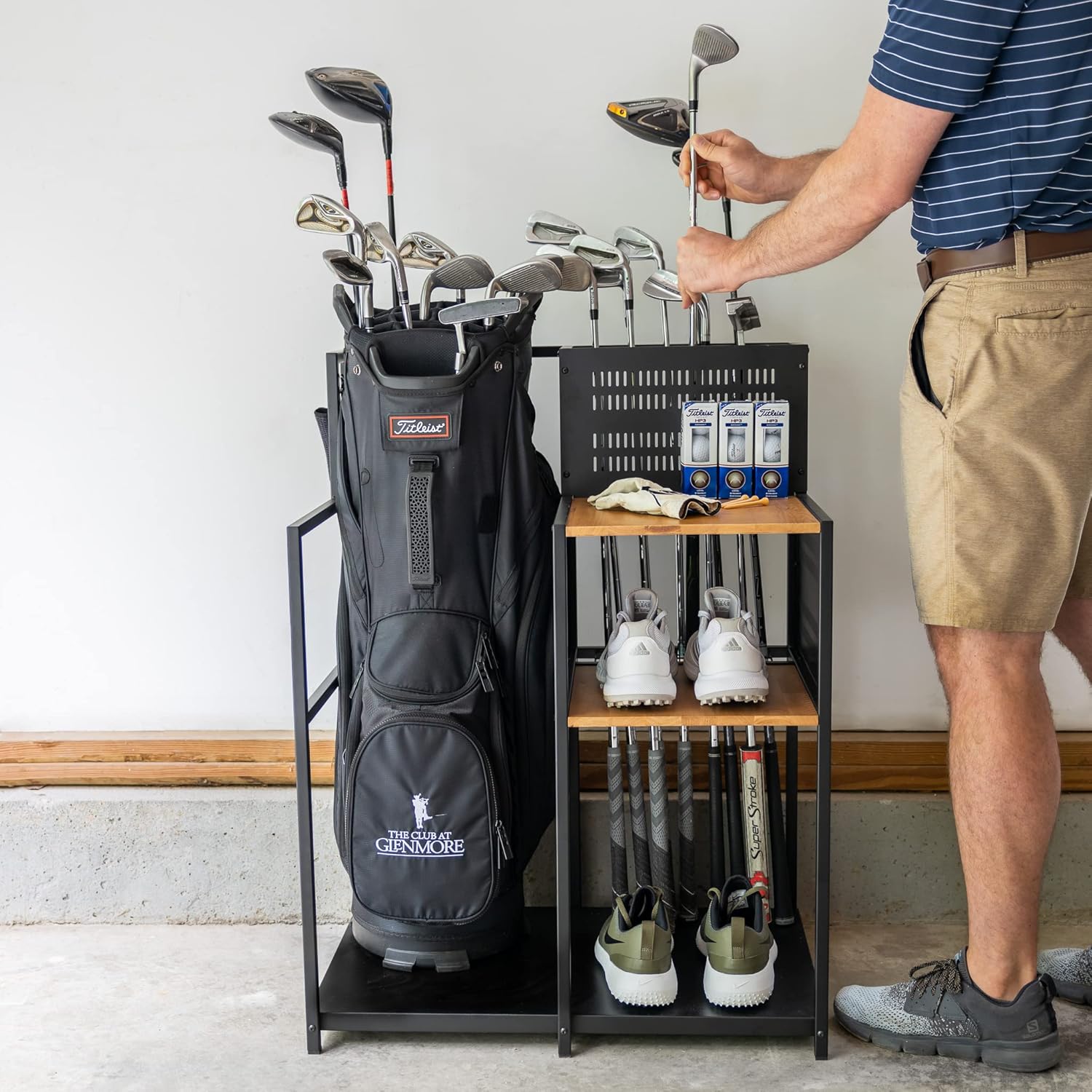 Teal Triangle Golf Storage Organizer, Heavy Duty Garage Freestanding Storage, Holds Golf Clubs, Bags, Golf Accessories, Golf Gifts for Men