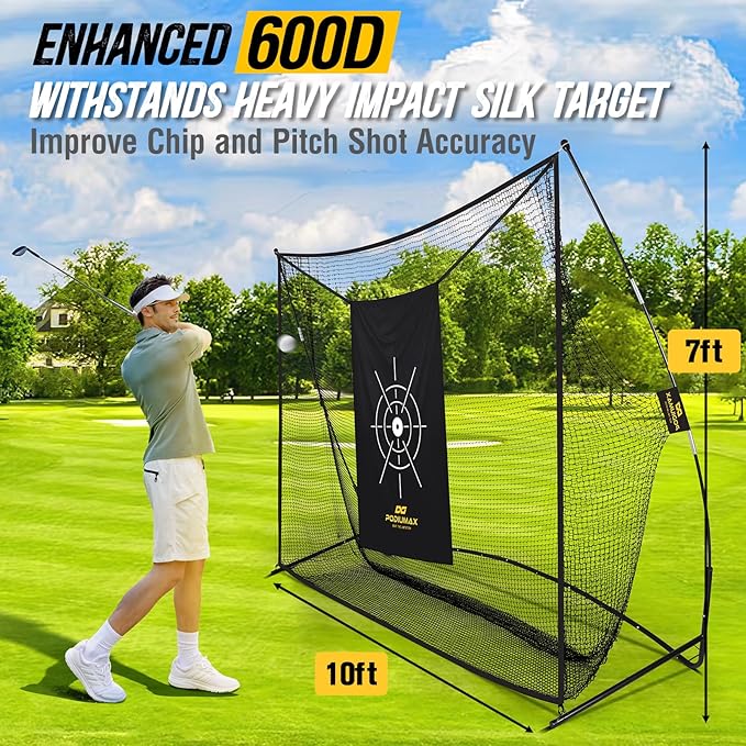 PodiuMax Golf Net, 10x7ft Golf Practice Net with Noise Reduce Silk Target Driving Real Balls, Hitting Nets for Backyard Garage, Improve Chipping Putting Pitching, Gift for Men & Golfers