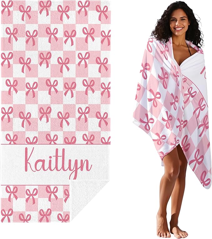 JML Personalized Beach Towel with Name, Custom Beach Towel with Text, Customized Bow Microfiber Pool Towel, Quick Dry & Absorbent Swim Towel for Adult,Anniversary, Birthday, Summer Holiday,Vacation-FlexoryFit