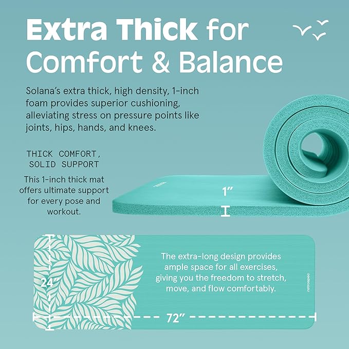 Retrospec Solana Yoga Mat 1" Thick w/Nylon Strap for Men & Women - Non Slip Exercise Mat for Home Yoga, Pilates, Stretching, Floor & Fitness Workouts - Blue Lagoon-FlexoryFit