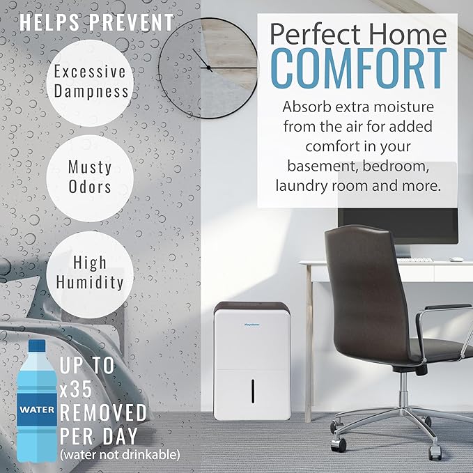 Keystone Energy Star 35-Pint Portable Dehumidifier for Extra Large Rooms up to 1,500 Sq.Ft. with Auto-Shutoff & Timer - Quiet Home Dehumidifier and Moisture Absorber For Basement, Garage, Living Room