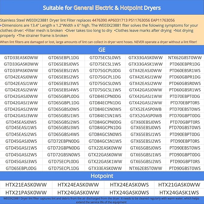 WE03X23881 Dryer Lint Screen Replacement For GE Gas Dryer & Dryer GTD65EBSJ3WS GTX22EASK0WW GTD45EASJ2WS GTD42GASJ2WW GTD42GASJ0WW GTD72EBSN0WS GTD65GBSJ1WS GTD42GASJWW GTX22GASK0WW HTX21EASK0WW Etc