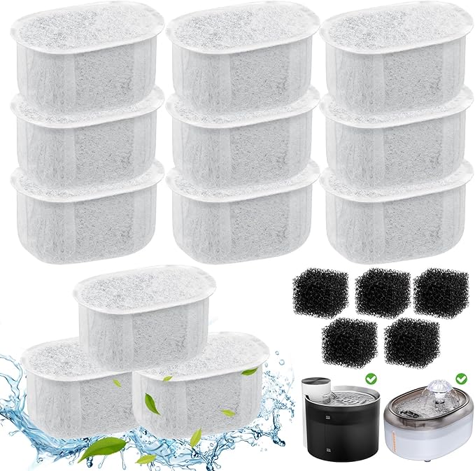 Lemonfilter Cat Water Fountain Filter, 12 Pack Replacement Filters & 5 Pack Sponges Kit Compatible With W300&W300B&W500&W500B Cat Water Fountain for 2L and 3.5L Automatic Pet Fountain