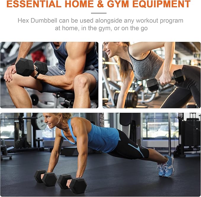 Rubber Encased Hex Dumbbell, Hand Weights with Anti-Slip Cast Iron Grip for Exercise & Fitness, Weights Dumbbells Set of 2 for Strength Training, 5-50 LBS Pair-FlexoryFit