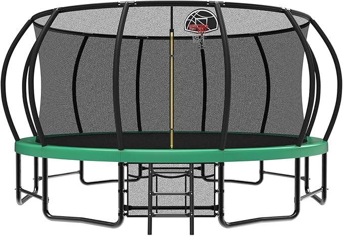 10 12 14 15 16FT Outdoor Trampolines for Kids and Adults, Pumpkin Trampoline with Curved Poles, Recreational Trampoline with Basketball Hoop and Safety Enclosure Net for Kids and Adults-FlexoryFit