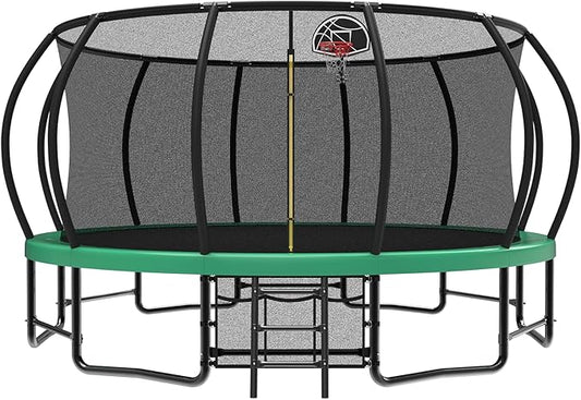 10 12 14 15 16FT Outdoor Trampolines for Kids and Adults, Pumpkin Trampoline with Curved Poles, Recreational Trampoline with Basketball Hoop and Safety Enclosure Net for Kids and Adults-FlexoryFit