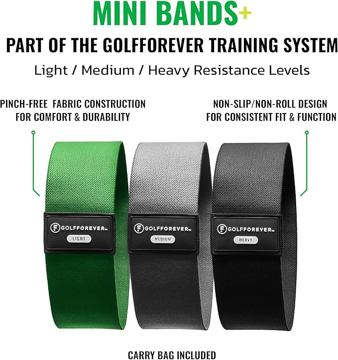 GolfForever Mini Bands Proven by Golfer Scottie Scheffler | Golf Training Premium Fitness Bands | Premium Golf Training Aid to Improve Strength Flexibility & Swing Posture | 3 Resistance Levels | 3pcs-FlexoryFit