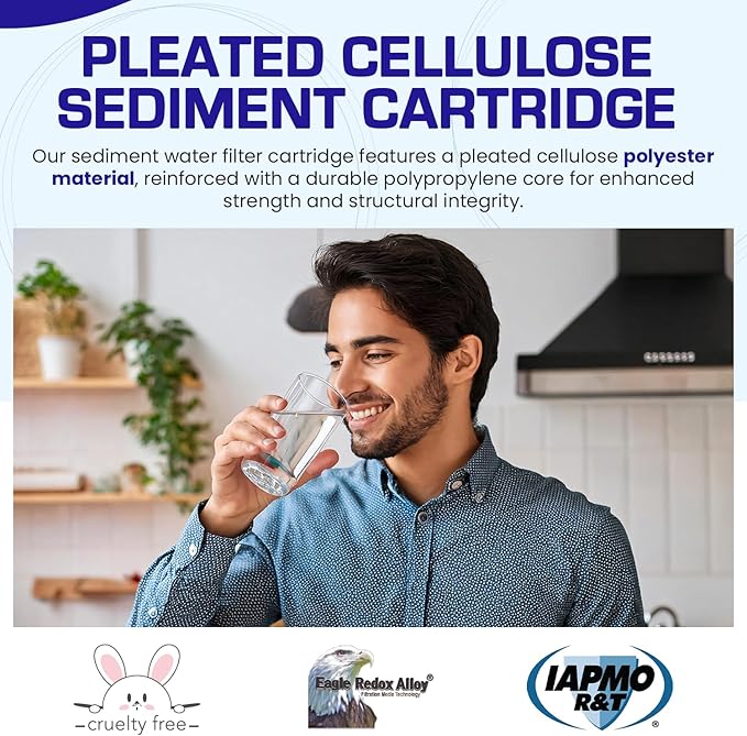 Crystal Quest Pleated Cellulose Sediment Cartridge - 2-7/8” x 9-3/4” - 5 Micron Filtration - Durable & Long-Lasting - High Dirt-Holding Capacity - Fits Residential & Commercial Systems