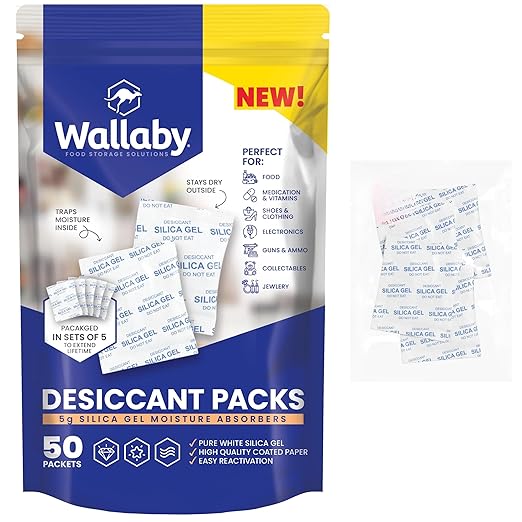 Wallaby 5 gram (50 Packets) Food Safe Pure White Silica Gel Desiccant Dehumidifier Packs - Rechargeable & Coated Moisture Absorbers - Protects Against Moisture Damage - (Packed in 10x Sets of 5)