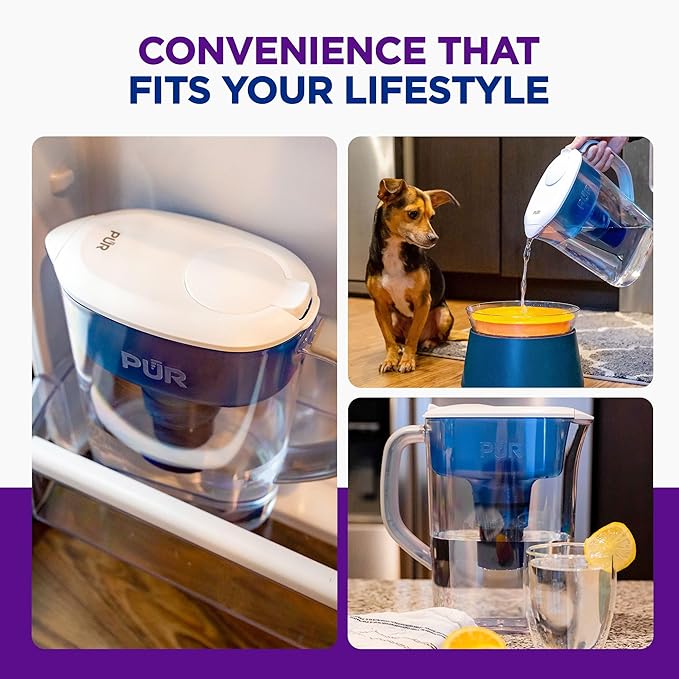 PUR 7-Cup Water Pitcher, 1 Genuine Filter, Cleaner, Great-tasting Water, Dishwasher Safe, Powerful, Faster Filtration, LockFit Cap Design - White