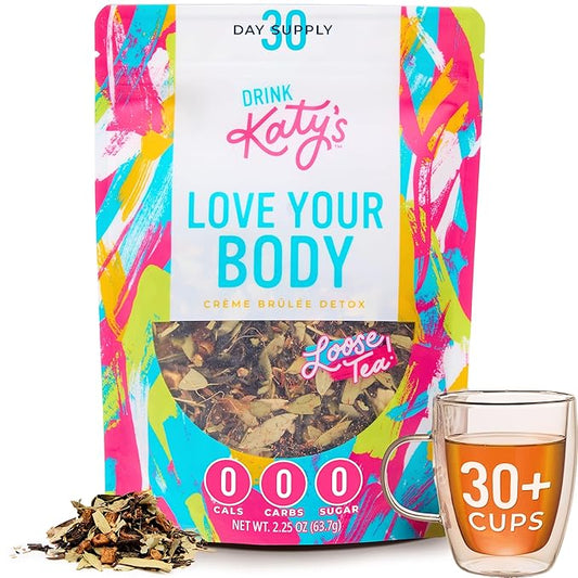 Katy’s Love Your Body Detox Tea | Green Tea, Ginger & Cinnamon | Lightly Caffeinated Herbal Wellness Blend | Crème Brûlée Flavor | Smooth & Comforting | 30+ Cups | Woman-Owned | 2.25oz Pouch-FlexoryFit