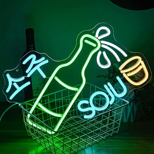 Soju Neon Sign Korean Soju Neon Light Soju Colorful LED Neon Light Korean Led Neon Sign for Bar Korean Restaurant Kitchen Restaurant Wine Cellar Decoration