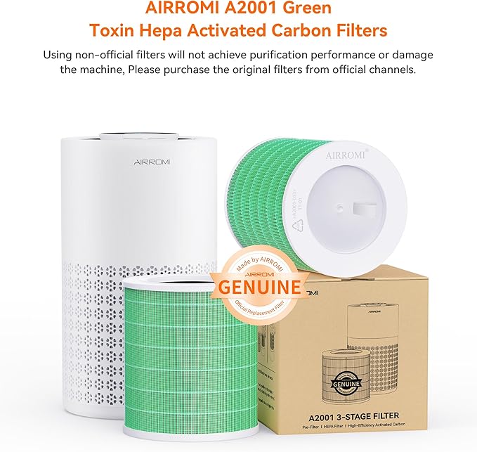AIRROMI A2001 HEPA Air Purifier Replacement, 3-In-1 Original Filter, Removes 99.97% of 0.3 Micron Particles, Green Activated Carbon Filter - Toxin Absorber Specialty-1 Pack
