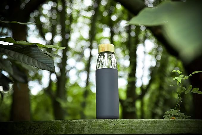 veegoal 25 Oz Borosilicate Glass Water Bottles with Bamboo Lid, BPA-FREE, Non-Slip Silicone Sleeve, and Stainless Steel Leak Proof Lid - Reusable Glass Bottle for Men and Women