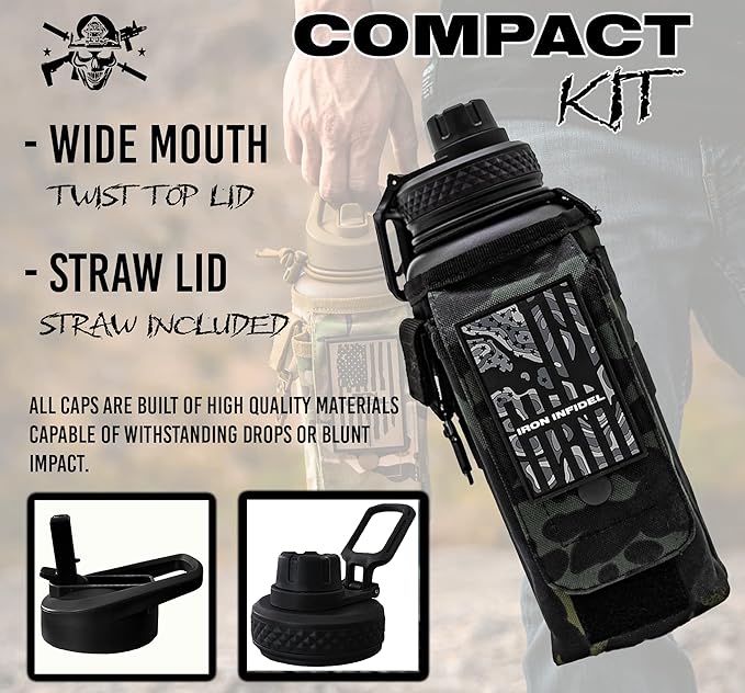 Iron Infidel Battle Bottle - 32 Oz Insulated Water Bottle with Straw Lid & Chug Cap, Stainless Steel Metal Tactical Flask With Rugged, Removable Sleeve for Keys & Phone or Wallet (Black Camo 1 Liter)-FlexoryFit