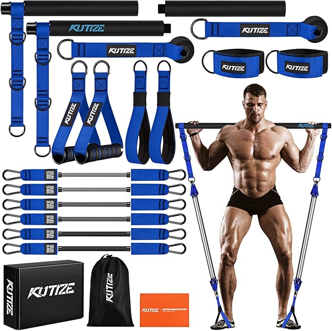 Pilates Bar Kit with Resistance Bands, Heavy Duty Pilates Equipment for Men, Strength Training Bar for Legs, Hip, Back, Arm, Abs, Chest, Shoulders, Portable Home Gym Full Body Workout Equipment-FlexoryFit
