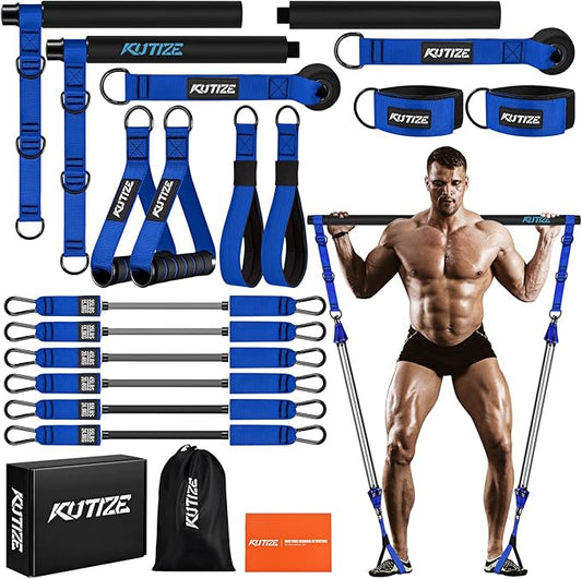 Pilates Bar Kit with Resistance Bands, Heavy Duty Pilates Equipment for Men, Strength Training Bar for Legs, Hip, Back, Arm, Abs, Chest, Shoulders, Portable Home Gym Full Body Workout Equipment-FlexoryFit