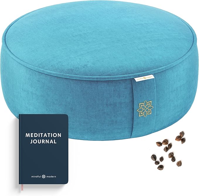 Mindful & Modern Velvet Meditation Cushion | Luxe Zafu Yoga Floor Pillow Seat | Posture Support | Buckwheat Hull Filled | Large Round Cushion with Removable Washable Cover + Carry Handle | Color Teal-FlexoryFit