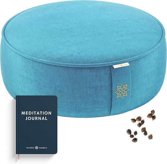 Mindful & Modern Velvet Meditation Cushion | Luxe Zafu Yoga Floor Pillow Seat | Posture Support | Buckwheat Hull Filled | Large Round Cushion with Removable Washable Cover + Carry Handle | Color Teal-FlexoryFit