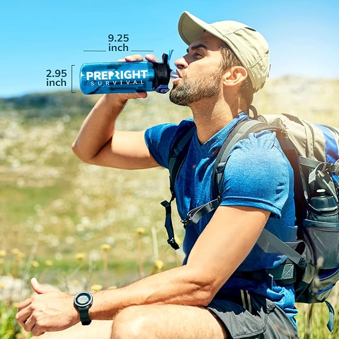 Survival – 4-Stage Water Filter Bottle, BPA-Free 22oz Camping Water Bottle with Built-In Compass, Travel and Emergency Preparedness Gear, Teal