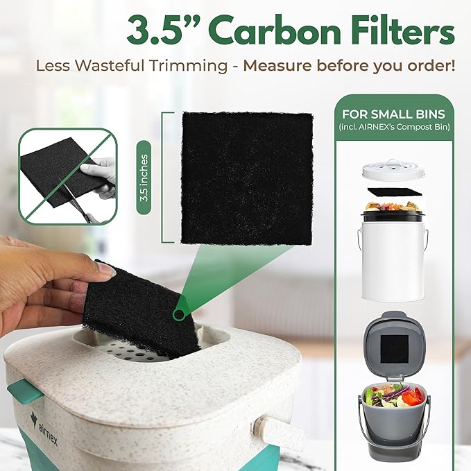 Charcoal Filters for Compost Bucket 3.5 inch Square - Pack of 12 Odor Blocking Compost Filters for Countertop Bin, Trash Cans and Litter Boxes - Universal Replacement Compost Bin Filters Charcoal