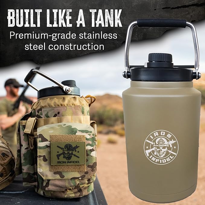 Iron Infidel Battle Bottle - One Gallon Insulated Water Bottle with Dual Carry Handles - 128 oz Tactical Stainless Steel Water Jug & Rugged Extra Large Sleeve With Storage (OCP Camo 128 Ounces)-FlexoryFit